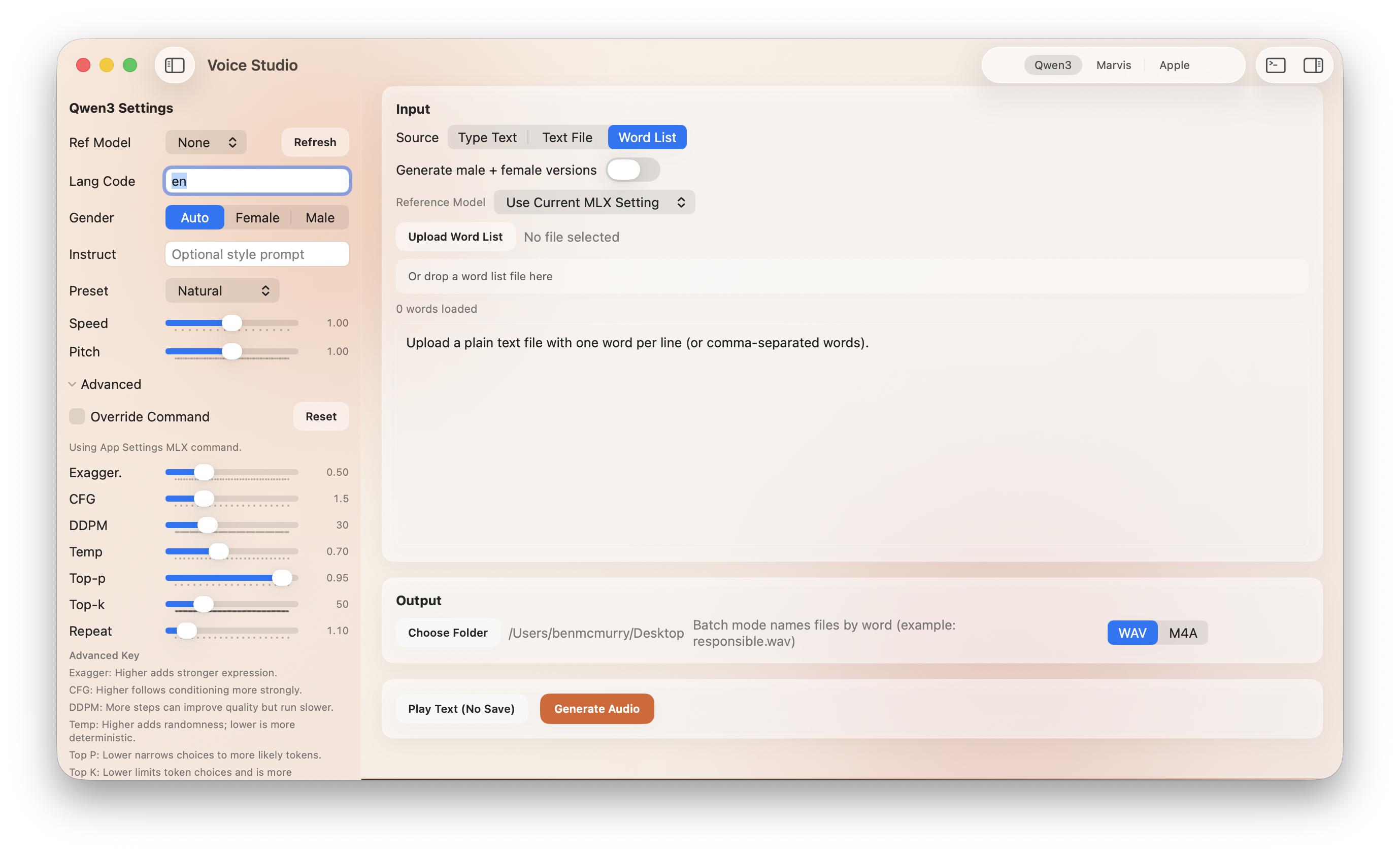 Main interface showing voice generation options