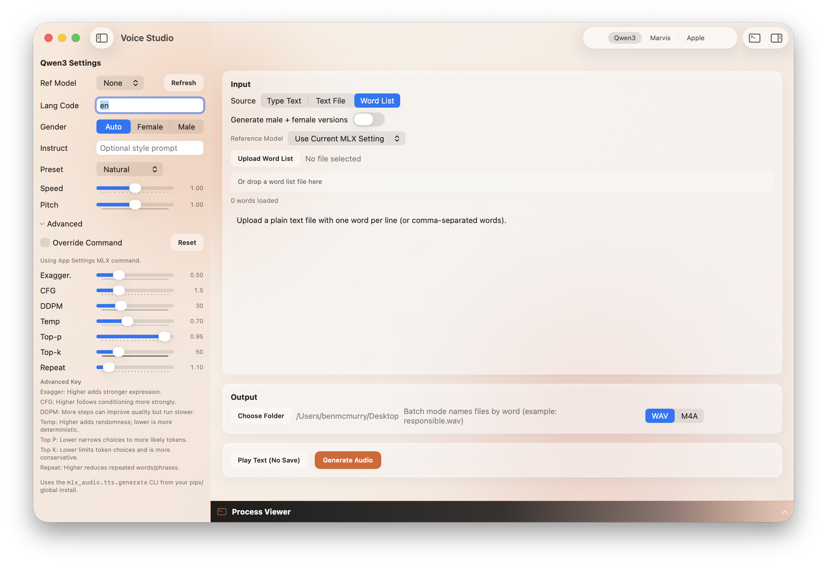 Voice design controls panel